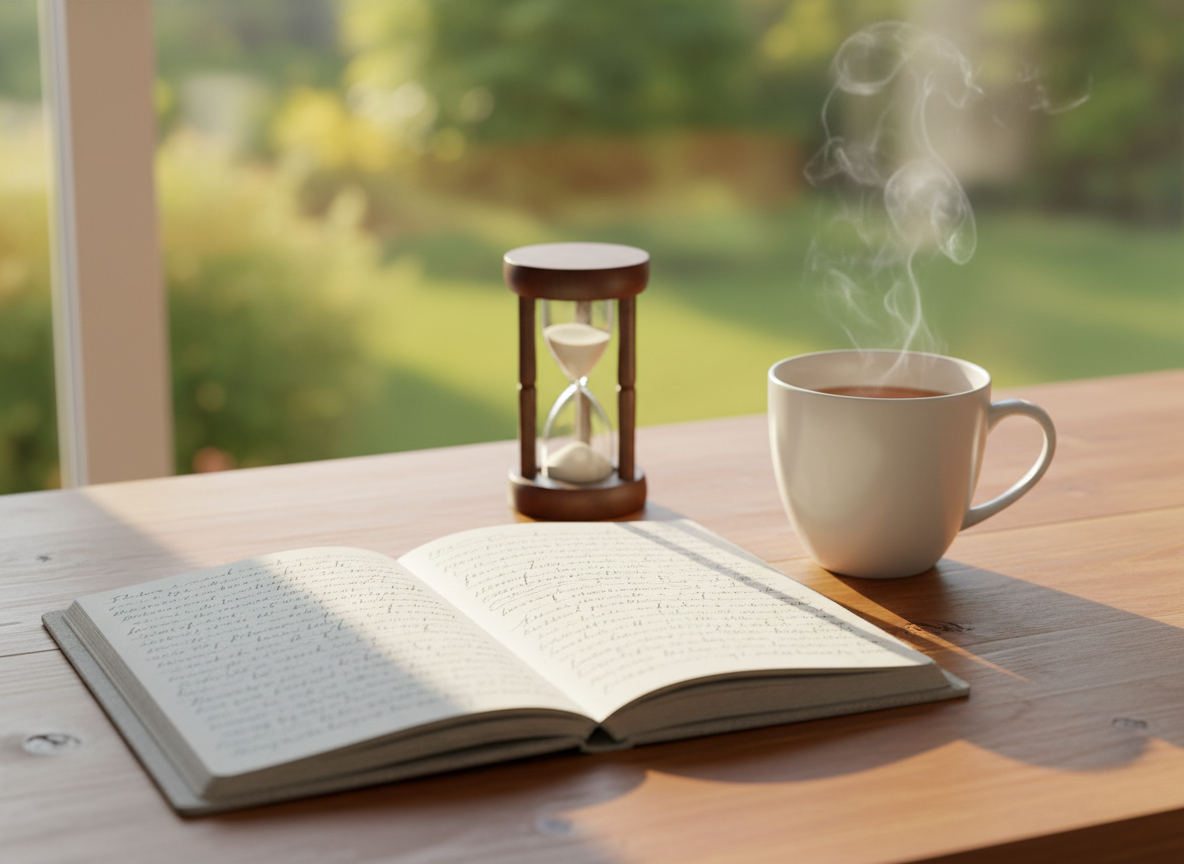 A neatly arranged wooden desk featuring an open linen-textured notebook filled with soft grey handwritten reflections, a smooth white ceramic mug of herbal tea with faint steam, and a small sand hourglass half-run. The desk stands near a large window overlooking a blurred green garden, captured in photographic realism. Gentle morning daylight enters from the left, casting calm, diffuse shadows and warm highlights on the grain of the wood. The mood is serene, reflective, and professional. Shot at eye level with a slight angle, using shallow depth of field so the notebook and tea are sharply focused while the background dissolves into a soft, creamy bokeh, evoking conscious self-care and inner balance.