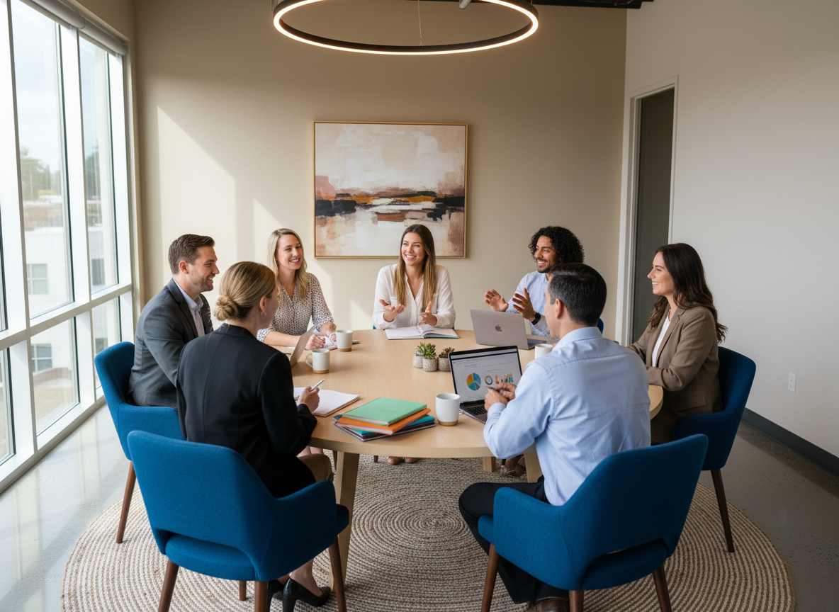 A warm, professional training or workshop setting. A small group of adults sitting in a circle or around a table in a bright, modern room, engaged in conversation and learning. Natural light, soft tones, collaborative atmosphere. No text, no logos.